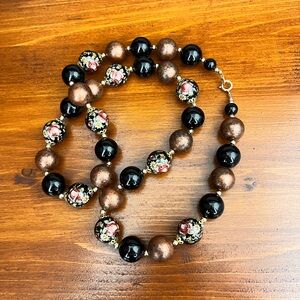 Vintage Signed JAPAN Black Brown Tensha Flowers Beads Beaded 31" Necklace.